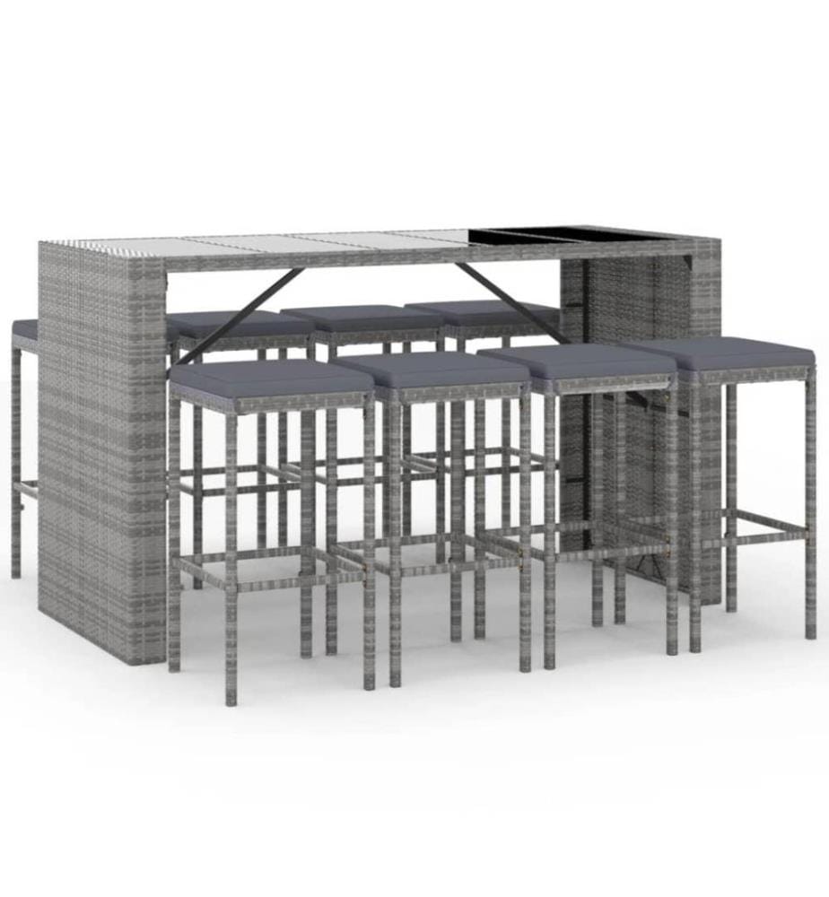 Ensemble de bar de jardin 9 pcs avec coussins gris poly rotin
