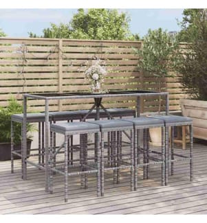 9-tlg. Gartenbar-Set mit Kissen Grau Poly Rattan