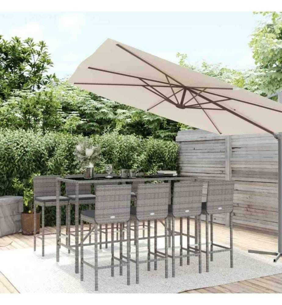9-tlg. Gartenbar-Set mit Kissen Grau Poly Rattan
