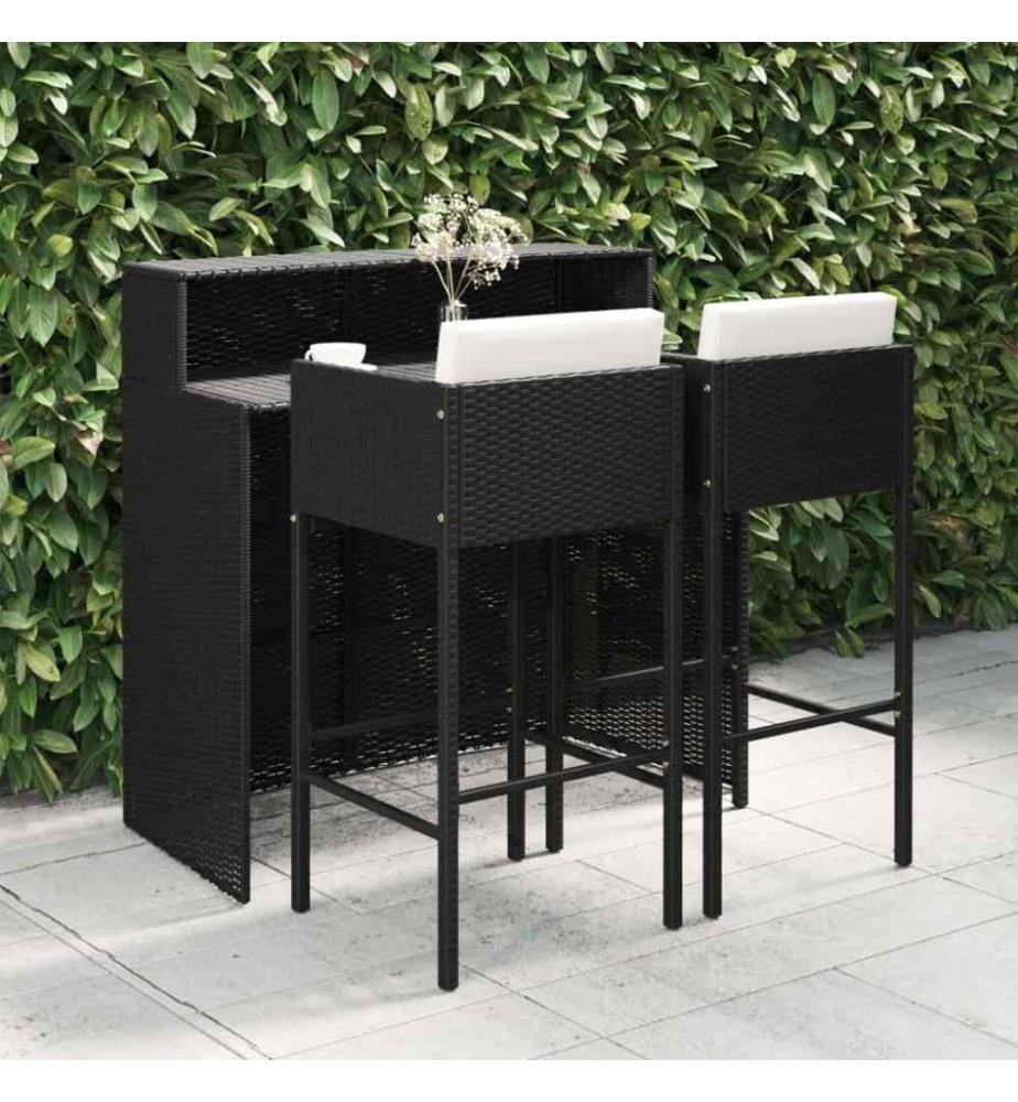 3-tlg. Gartenbar-Set mit Kissen Poly Rattan Schwarz