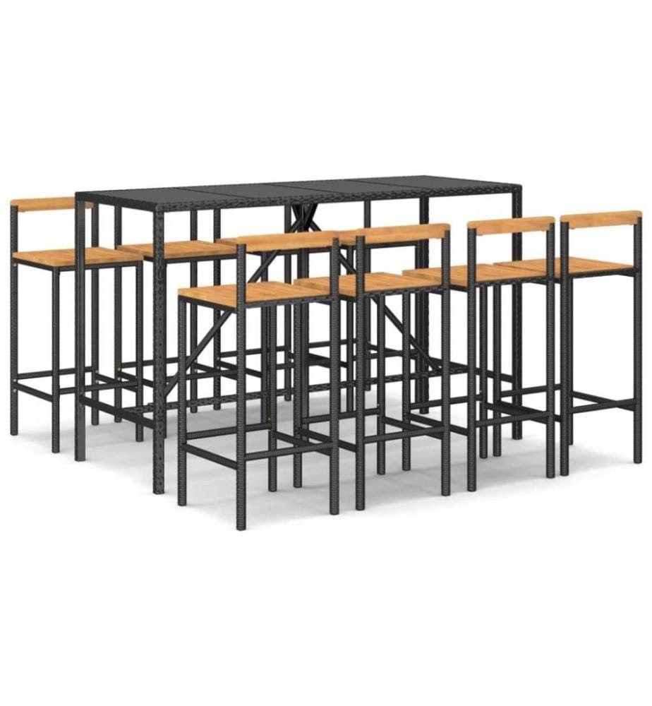 9-tlg. Gartenbar-Set Schwarz Poly Rattan & Massivholz Akazie