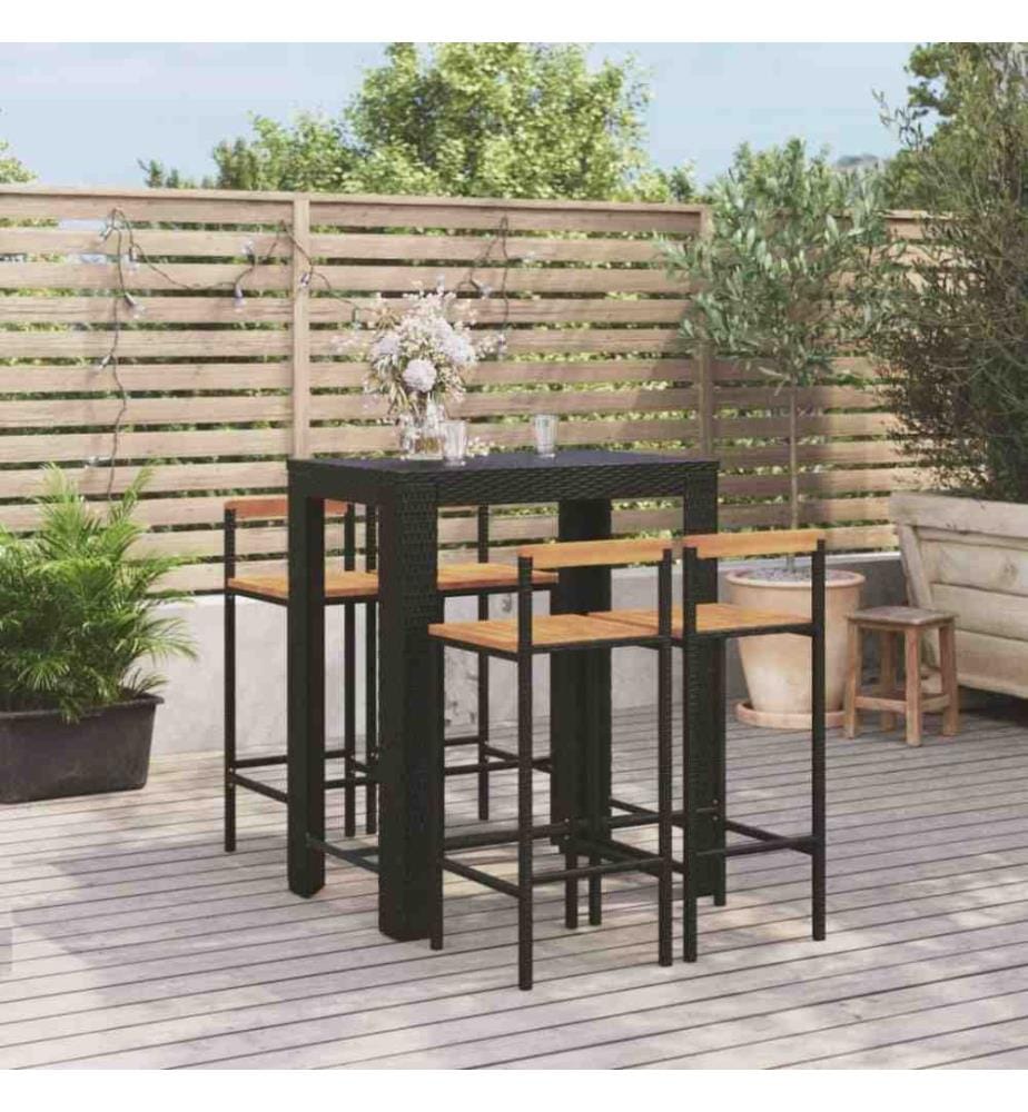 Ensemble de bar jardin 5 pcs noir poly rotin/bois massif acacia