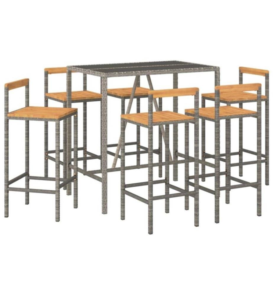 7-tlg. Gartenbar-Set Grau Poly Rattan & Massivholz Akazie