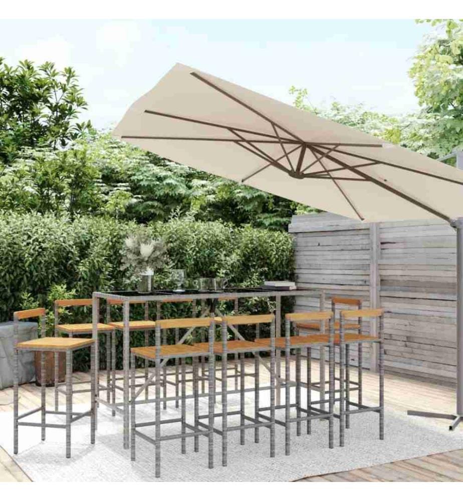 Ensemble de bar jardin 11pcs gris poly rotin/bois massif acacia
