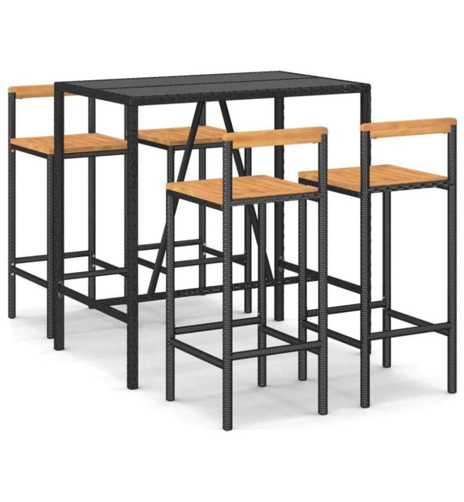 Ensemble de bar jardin 5 pcs noir poly rotin/bois massif acacia