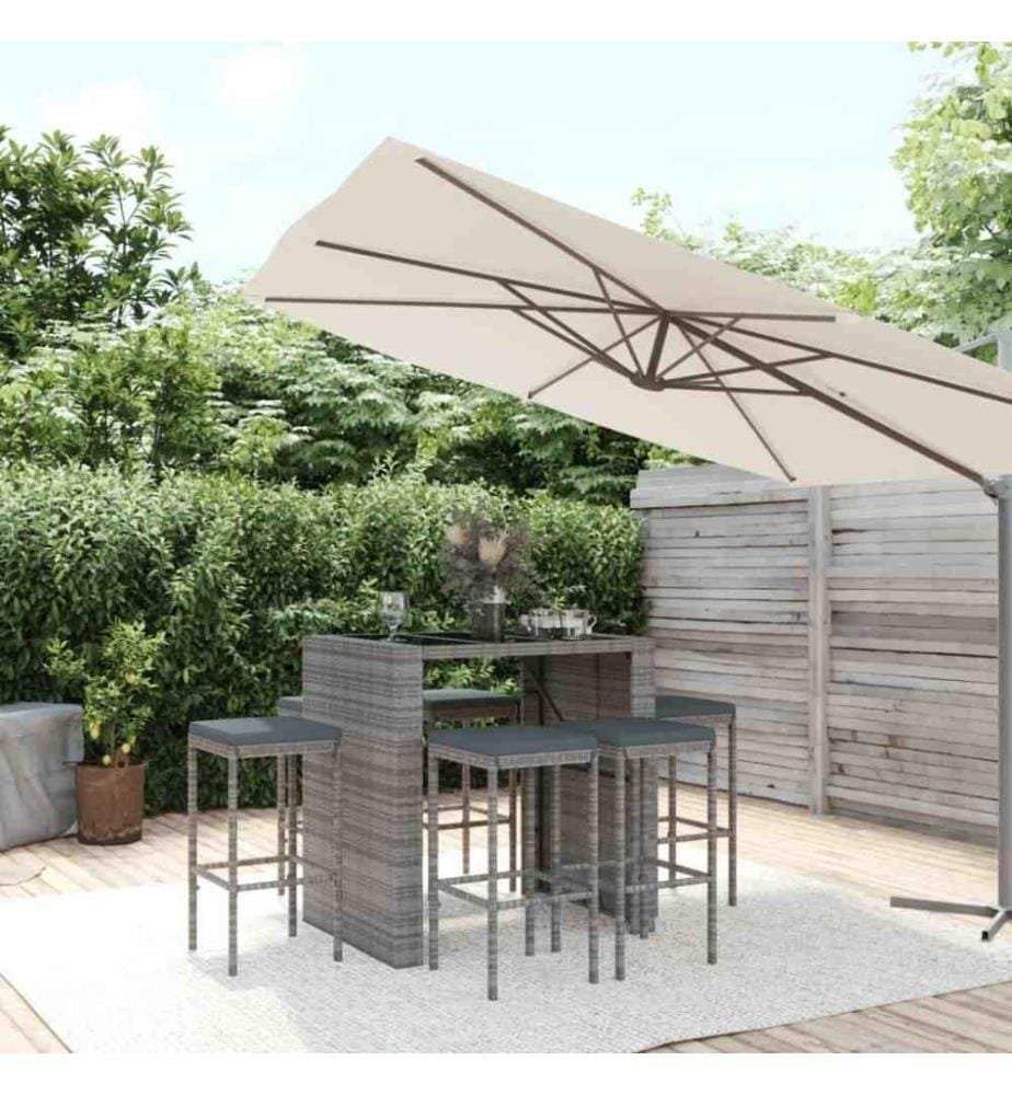 7-tlg. Gartenbar-Set mit Kissen Grau Poly Rattan
