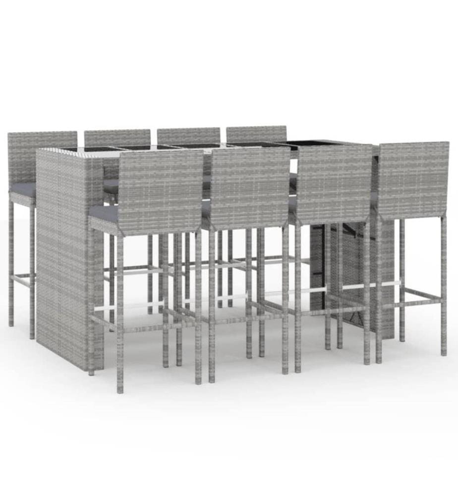 9-tlg. Gartenbar-Set mit Kissen Grau Poly Rattan