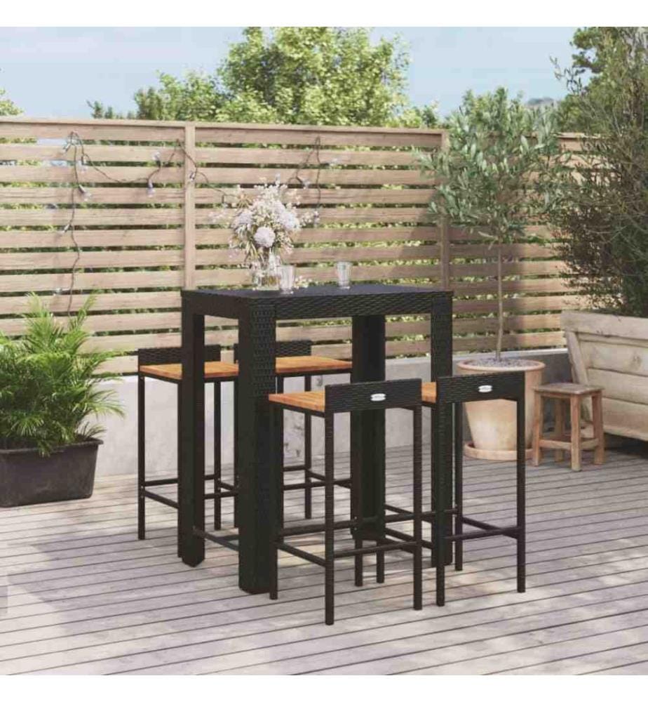 Ensemble de bar jardin 5 pcs noir poly rotin/bois massif acacia