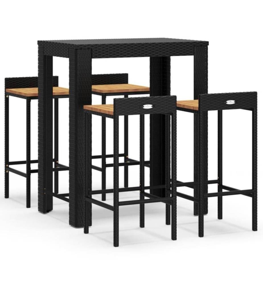 Ensemble de bar jardin 5 pcs noir poly rotin/bois massif acacia
