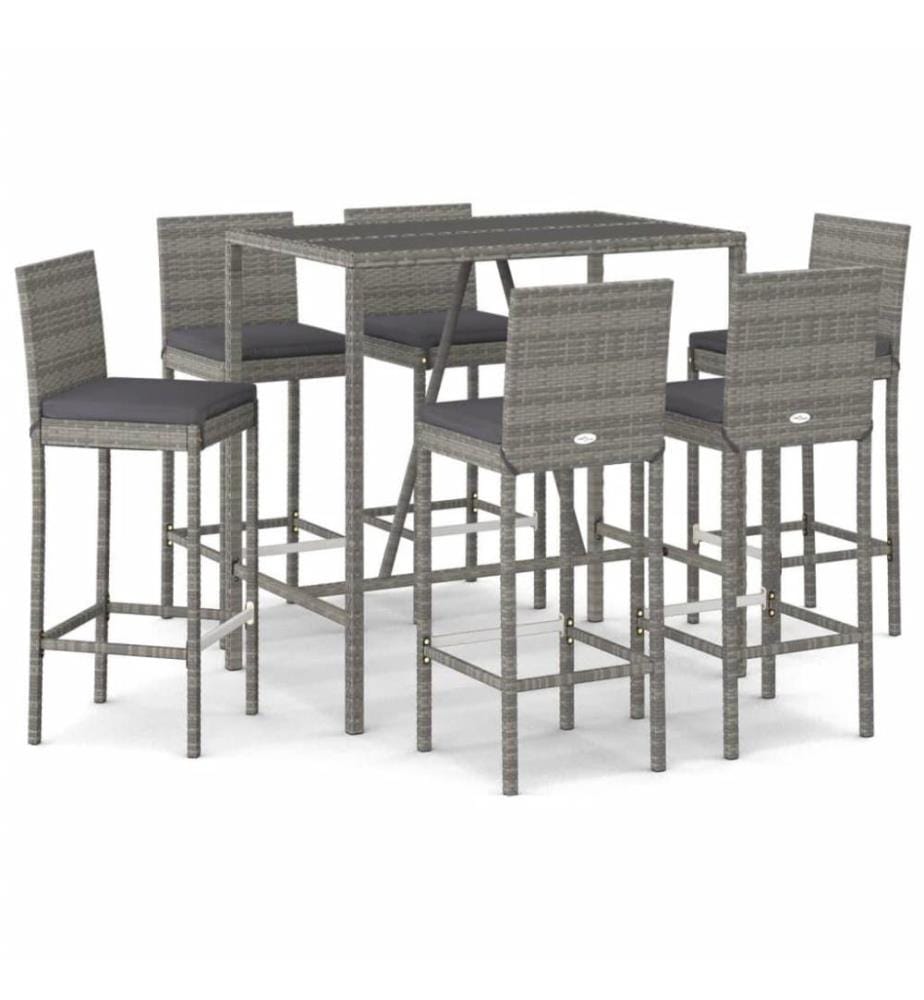7-tlg. Gartenbar-Set mit Kissen Grau Poly Rattan