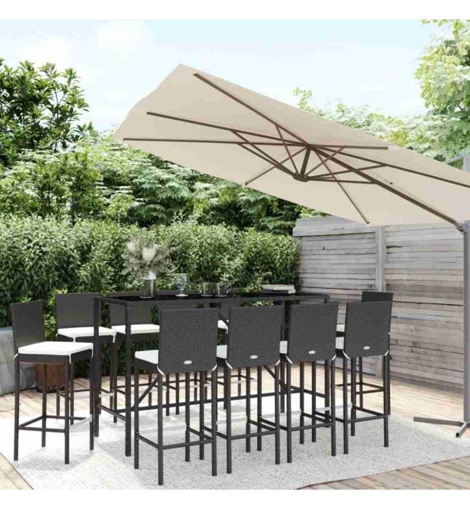 11-tlg. Gartenbar-Set mit Kissen Schwarz Poly Rattan