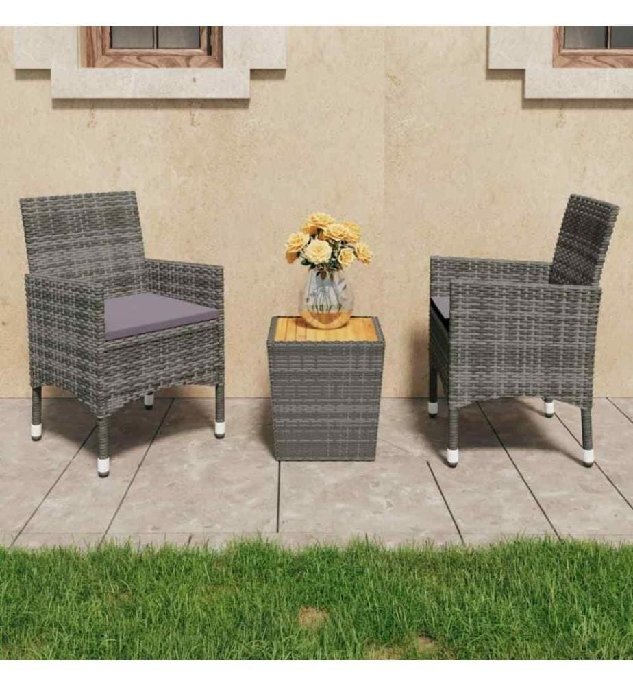 3-tlg. Bistro-Set Poly Rattan und Akazienholz Grau