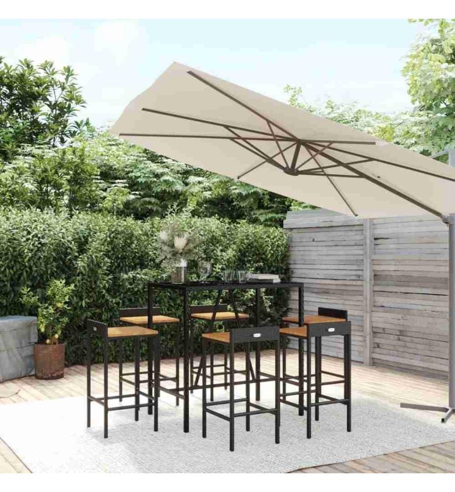 Ensemble de bar jardin 7 pcs noir poly rotin/bois massif acacia