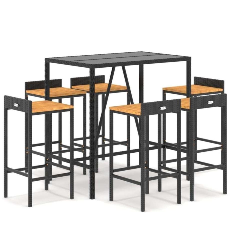 Ensemble de bar jardin 7 pcs noir poly rotin/bois massif acacia