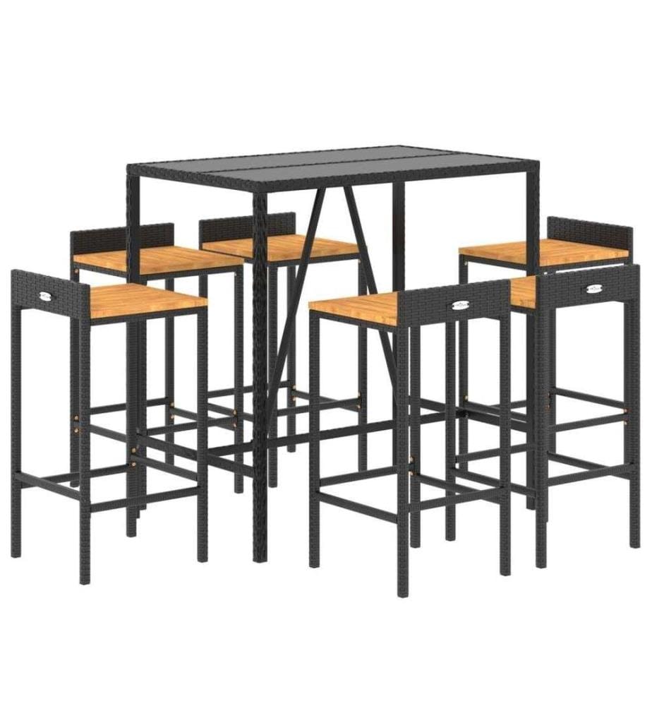 Ensemble de bar jardin 7 pcs noir poly rotin/bois massif acacia