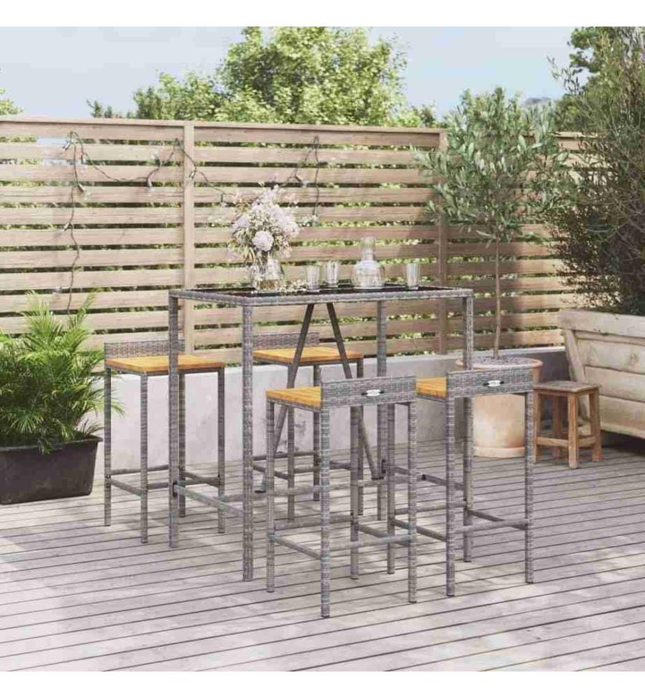5-tlg. Gartenbar-Set Grau Poly Rattan & Massivholz Akazie