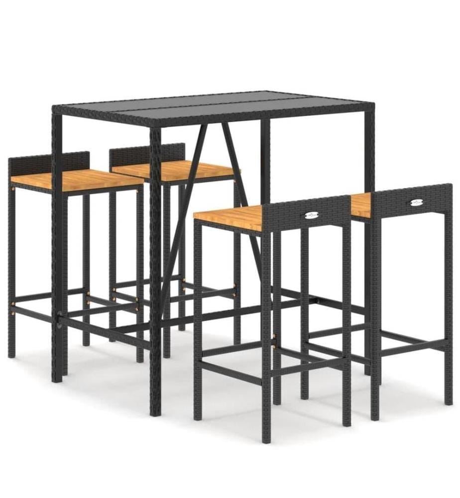 Ensemble de bar jardin 5 pcs noir poly rotin/bois massif acacia