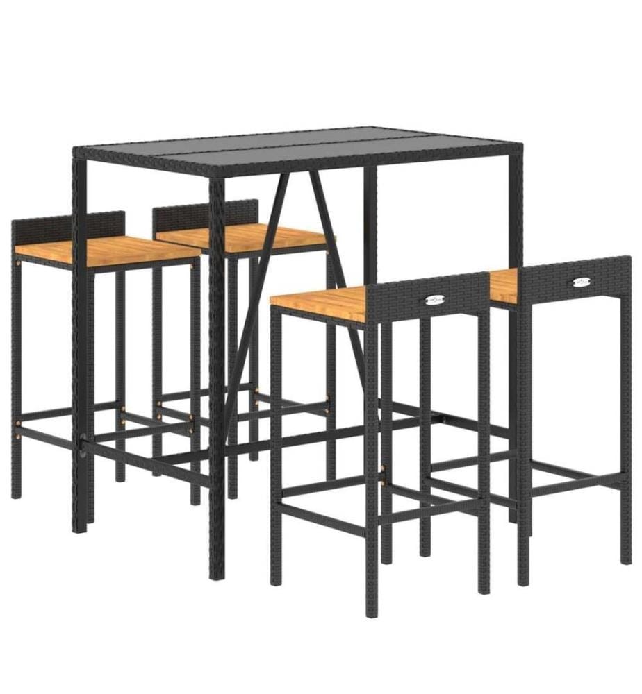 Ensemble de bar jardin 5 pcs noir poly rotin/bois massif acacia