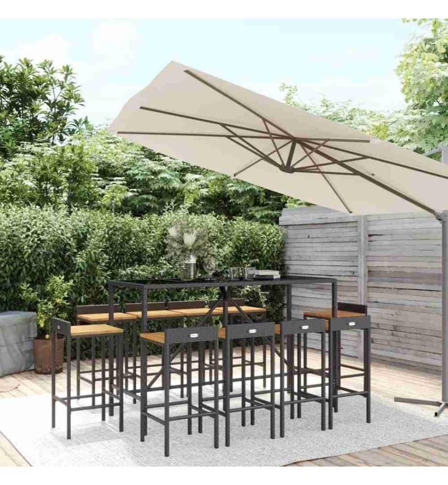 Ensemble de bar jardin 11pcs noir poly rotin/bois massif acacia