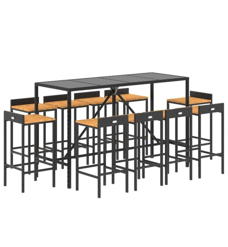 Ensemble de bar jardin 11pcs noir poly rotin/bois massif acacia