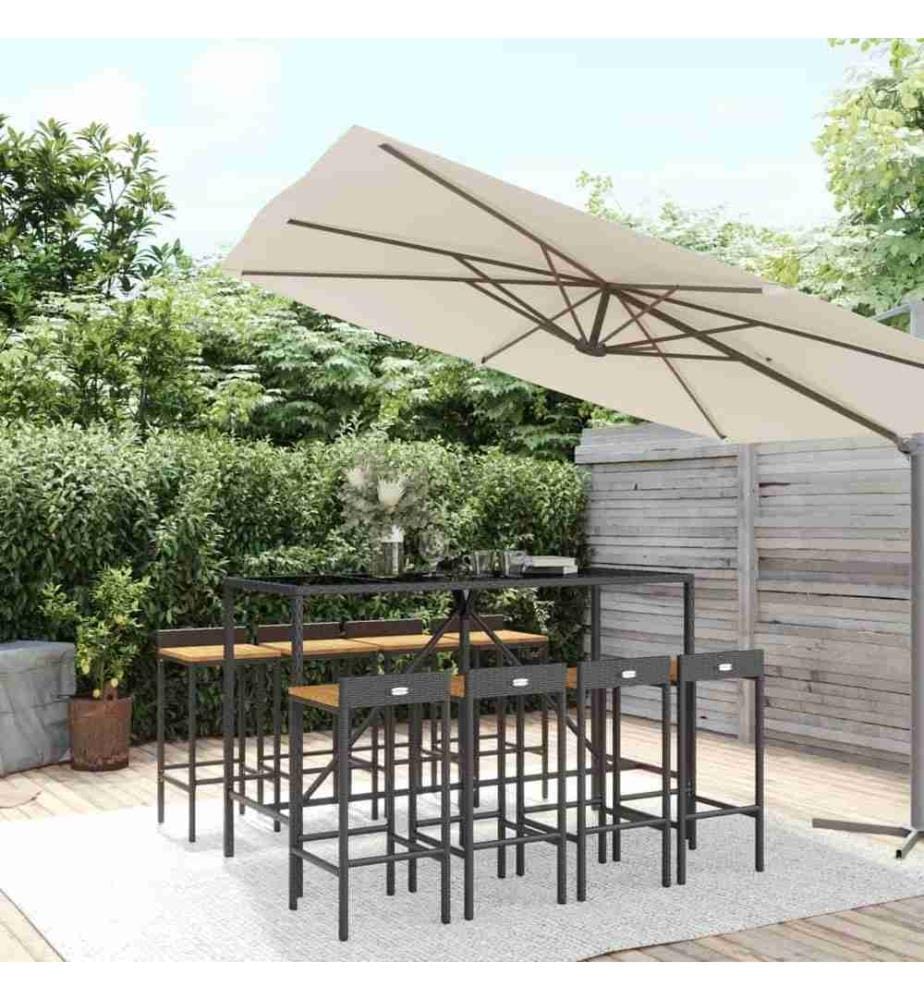 9-tlg. Gartenbar-Set Schwarz Poly Rattan & Massivholz Akazie