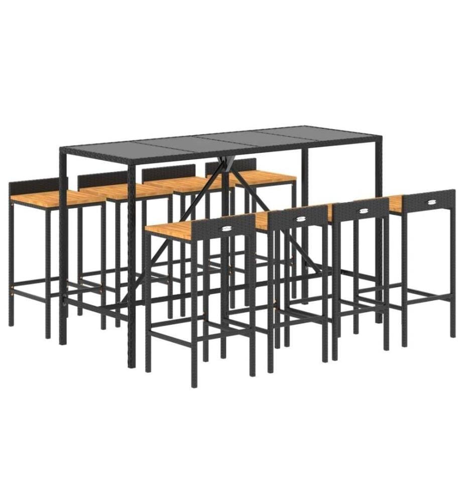 9-tlg. Gartenbar-Set Schwarz Poly Rattan & Massivholz Akazie