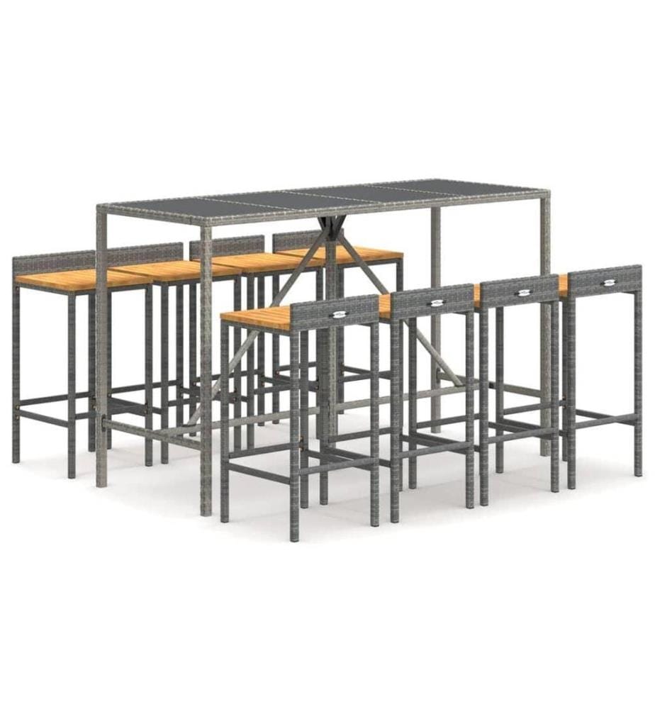 9-tlg. Gartenbar-Set Grau Poly Rattan & Massivholz Akazie
