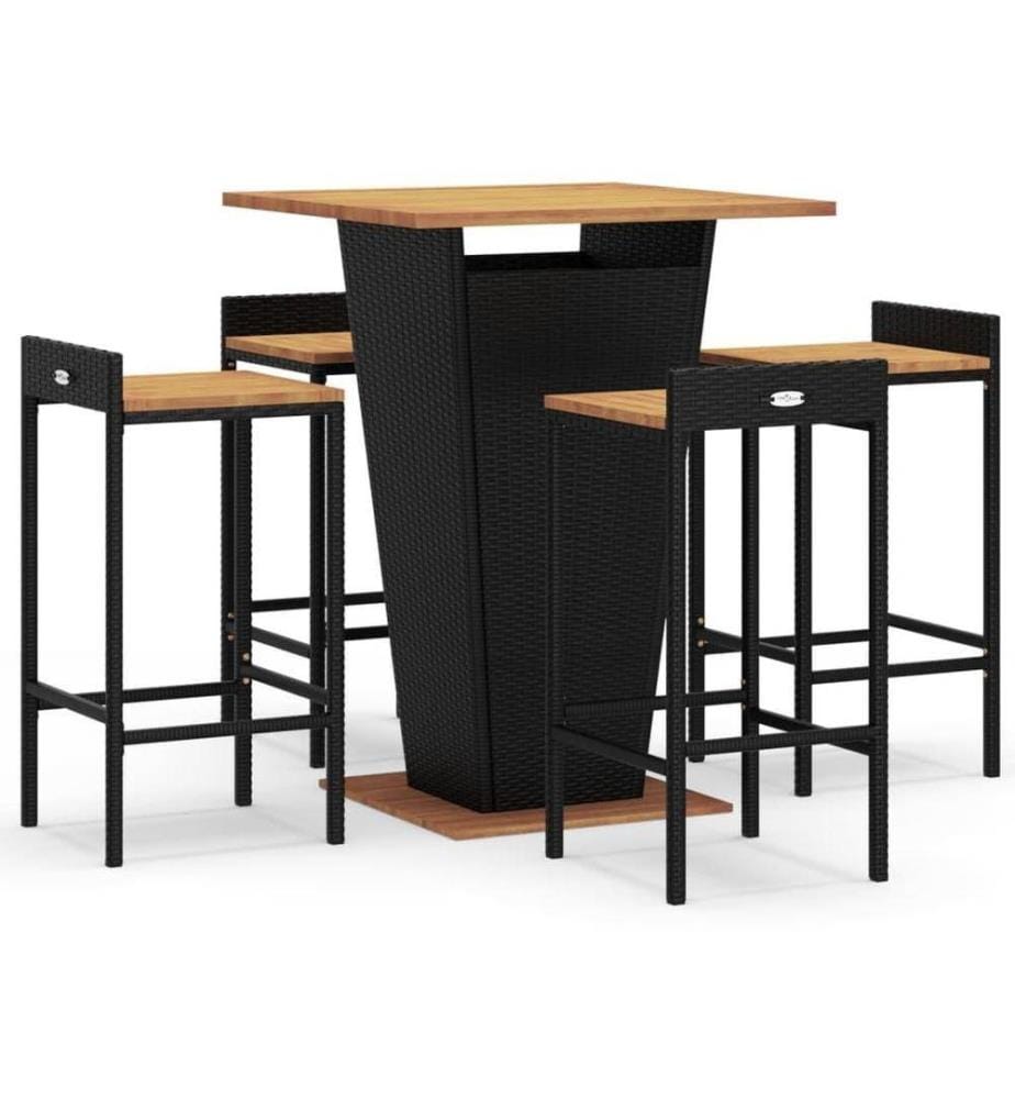 5-tlg. Gartenbar-Set Schwarz Poly Rattan & Massivholz Akazie