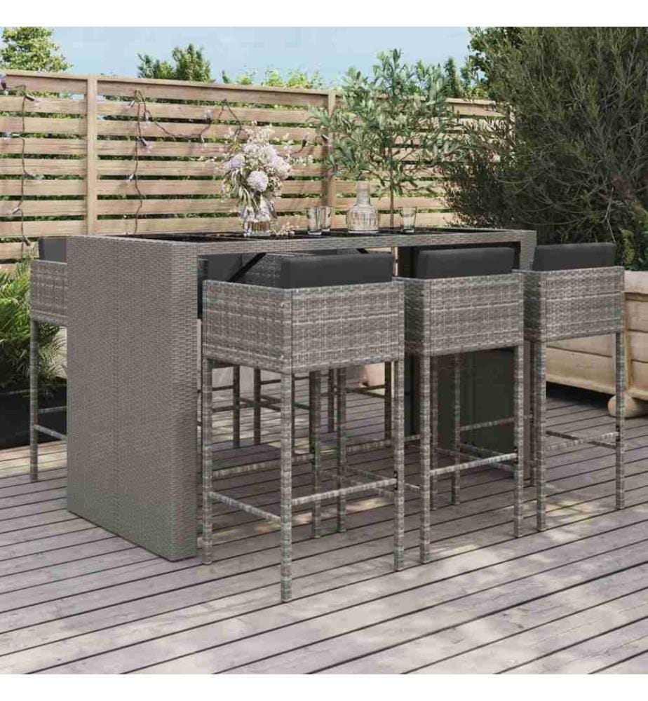 7-tlg. Gartenbar-Set mit Kissen Grau Poly Rattan