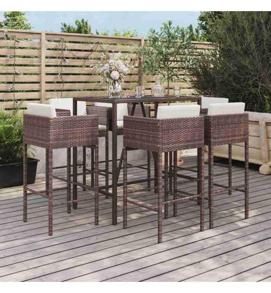 7-tlg. Gartenbar-Set mit Kissen Braun Poly Rattan