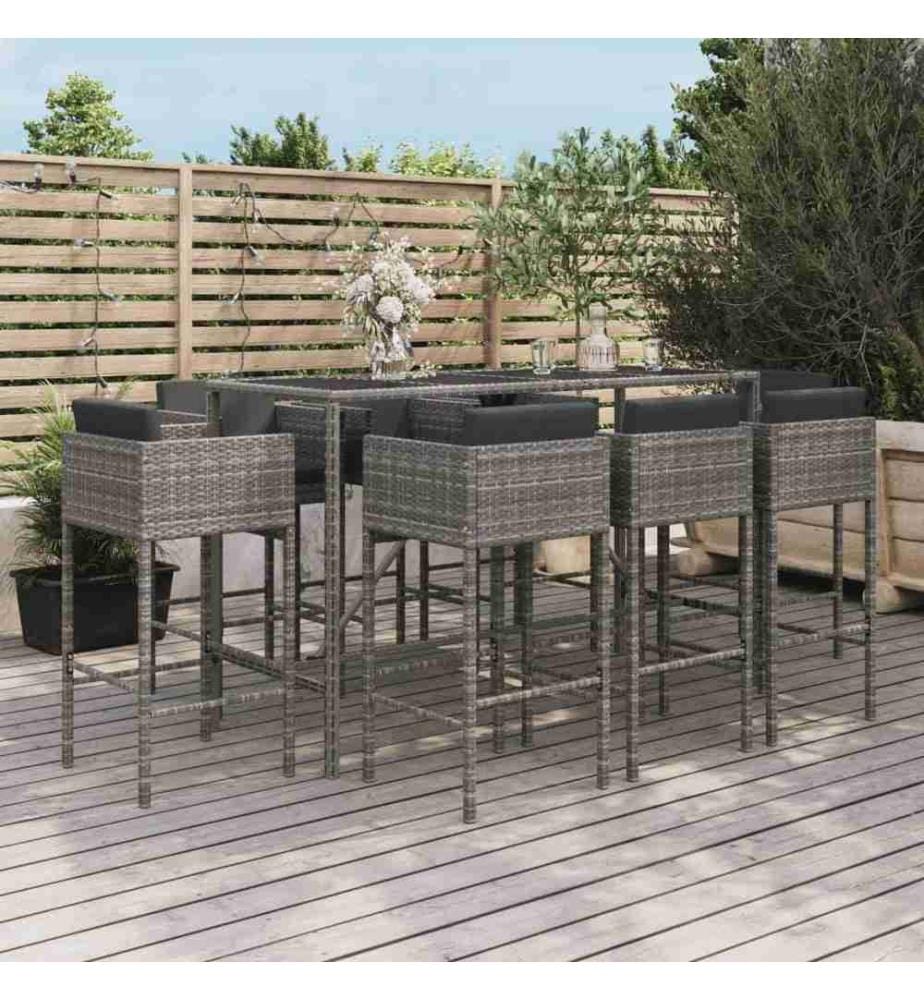 Ensemble de bar de jardin 9 pcs avec coussins gris poly rotin