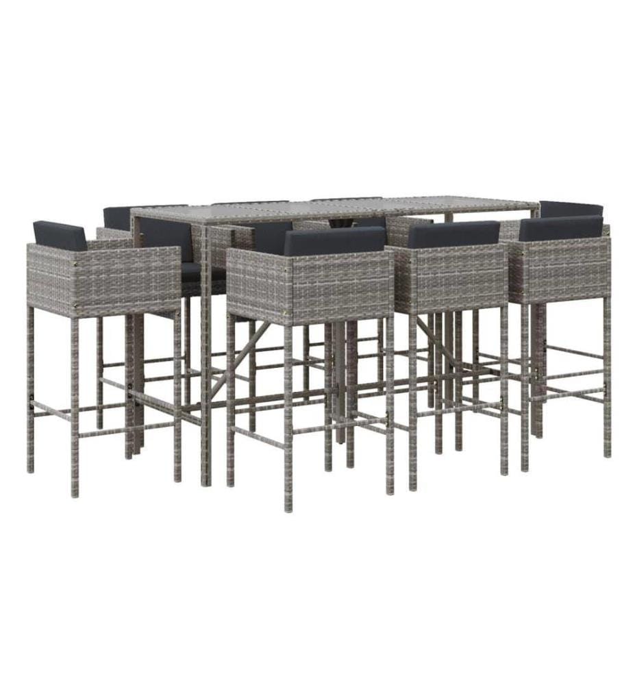9-tlg. Gartenbar-Set mit Kissen Grau Poly Rattan