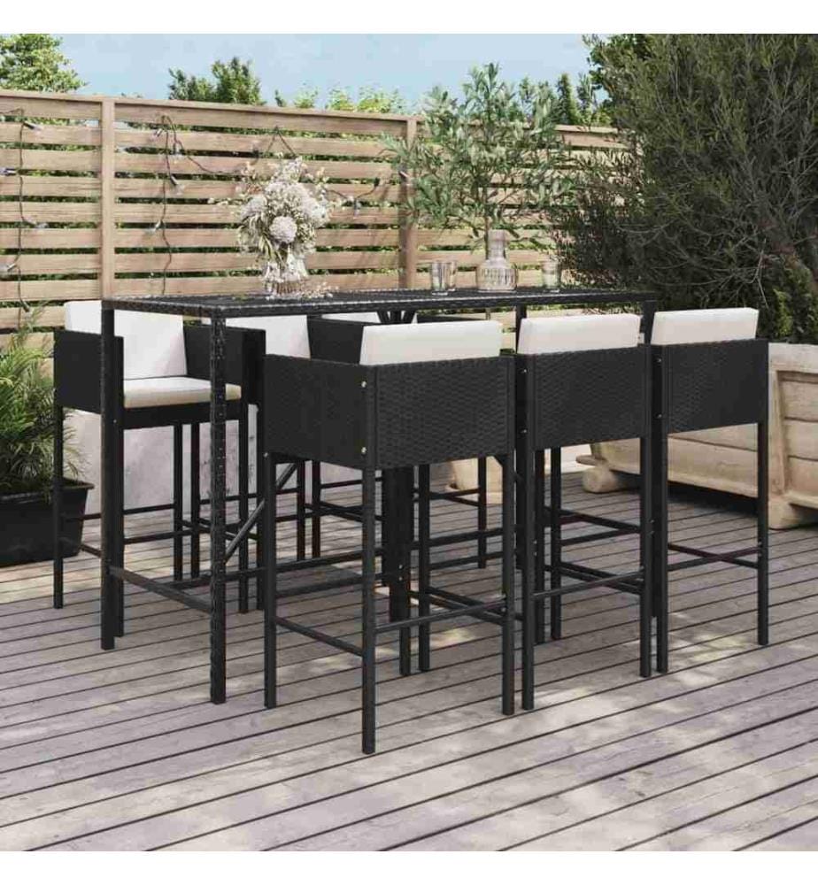 7-tlg. Gartenbar-Set mit Kissen Schwarz Poly Rattan