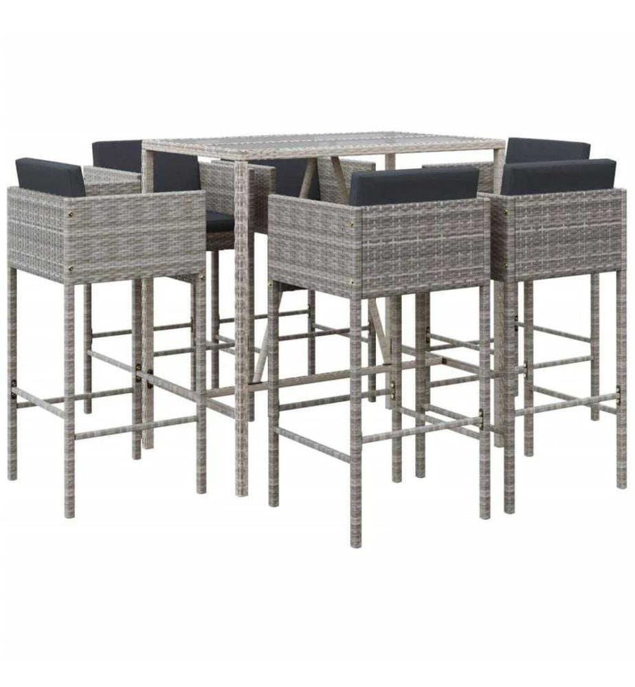 7-tlg. Gartenbar-Set mit Kissen Grau Poly Rattan