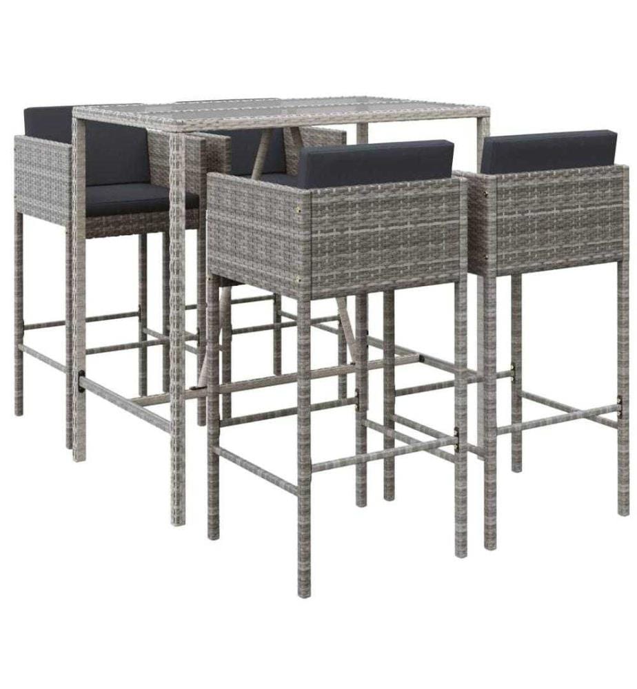 5-tlg. Gartenbar-Set mit Kissen Grau Poly Rattan