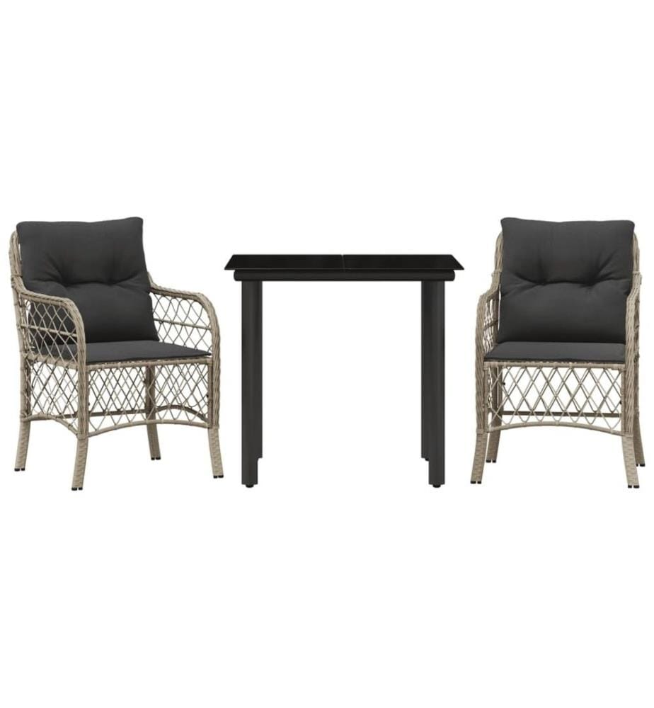 3-tlg. Bistro-Set mit Kissen Hellgrau Poly Rattan
