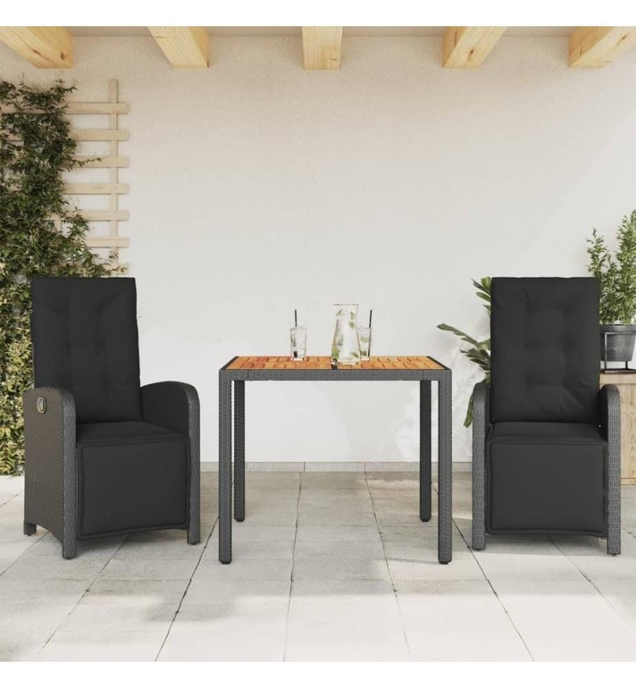 Ensemble de bistro 3 pcs avec coussins noir résine tressée