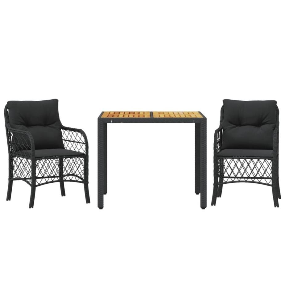 3-tlg. Bistro-Set mit Kissen Schwarz Poly Rattan