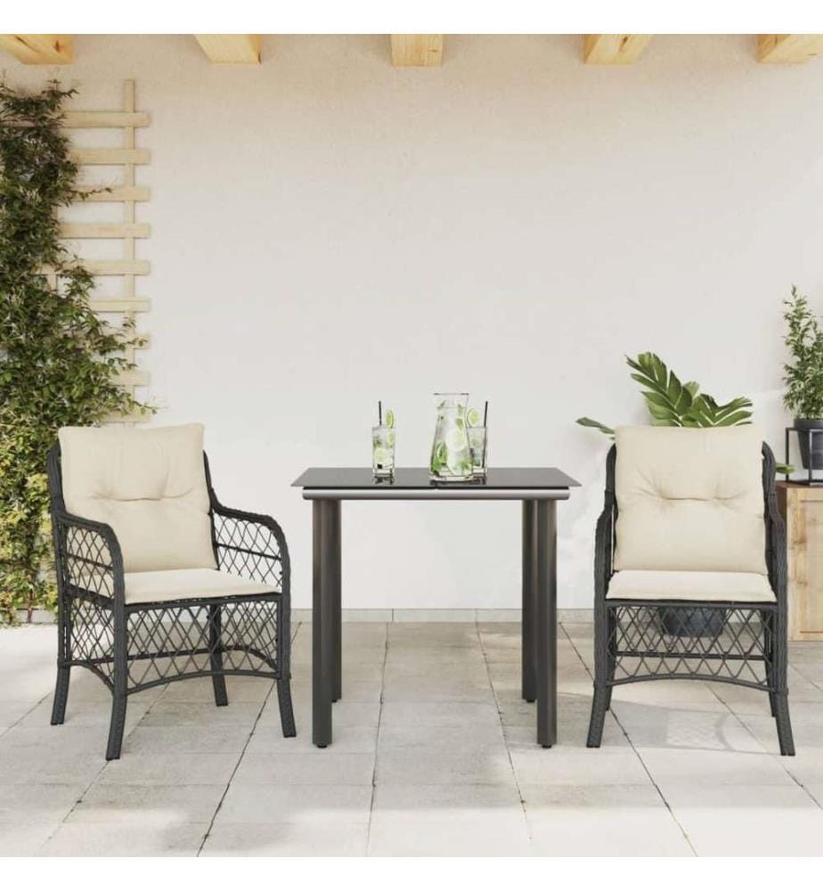 3-tlg. Bistro-Set mit Kissen Schwarz Poly Rattan