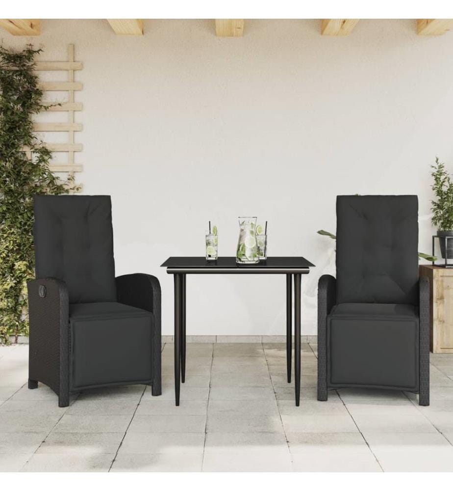3-tlg. Bistro-Set mit Kissen Schwarz Poly Rattan