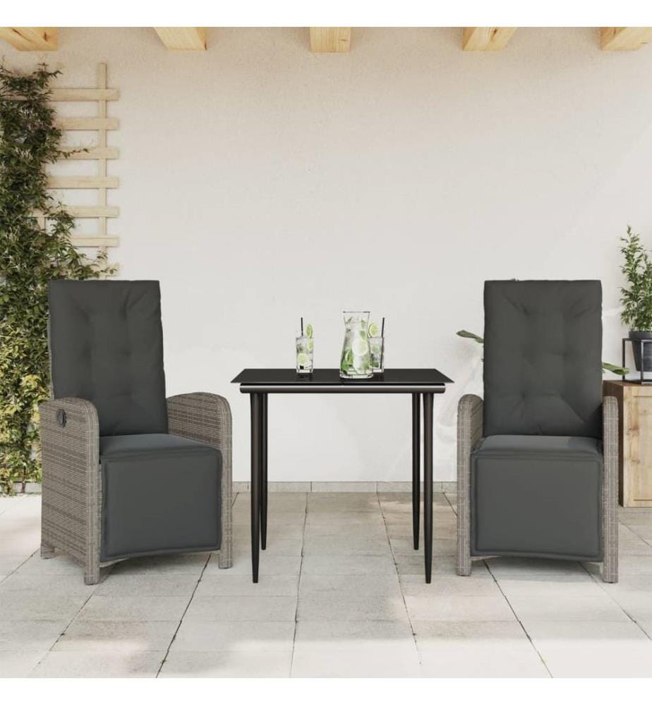 3-tlg. Bistro-Set mit Kissen Grau Poly Rattan