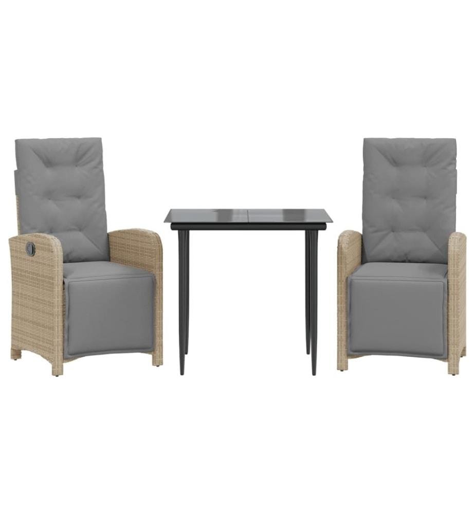 3-tlg. Bistro-Set mit Kissen Hellgrau Poly Rattan