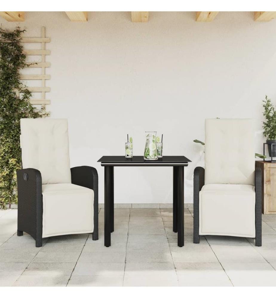 3-tlg. Bistro-Set mit Kissen Schwarz Poly Rattan