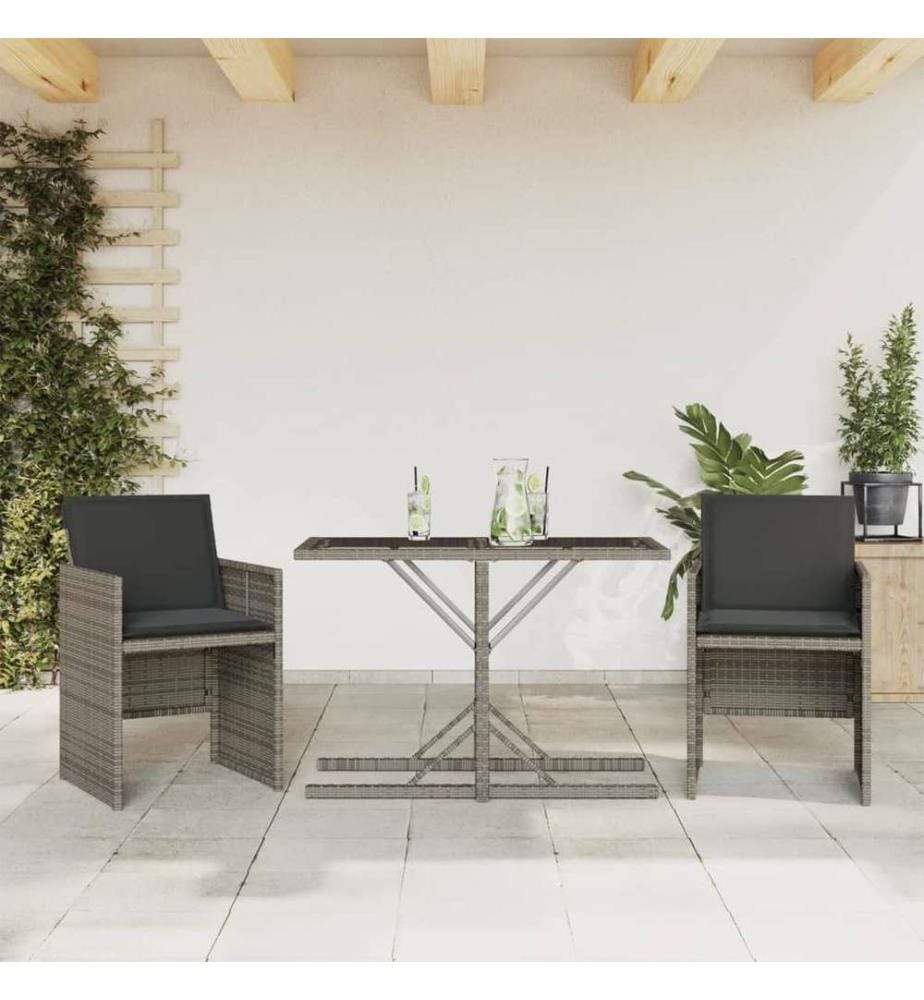 3-tlg. Bistro-Set mit Kissen Grau Poly Rattan