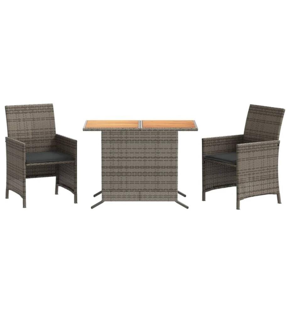 3-tlg. Bistro-Set mit Kissen Grau Poly Rattan