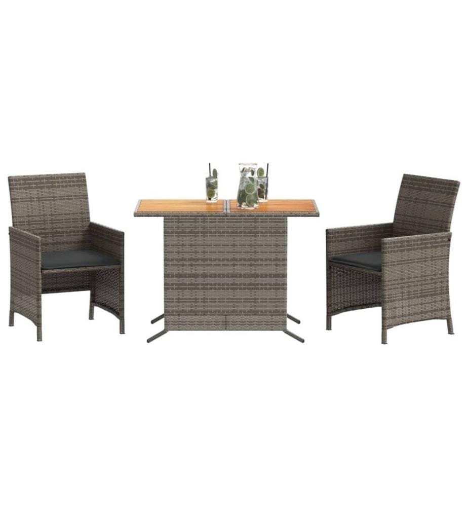 3-tlg. Bistro-Set mit Kissen Grau Poly Rattan