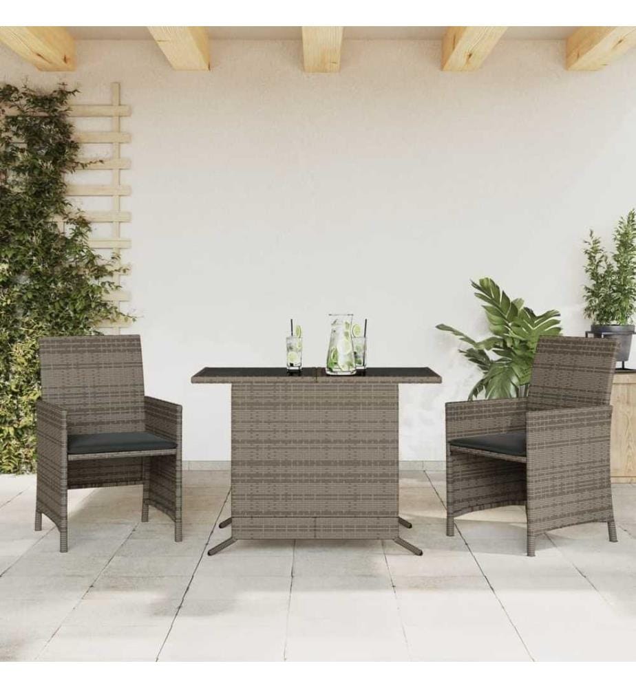 3-tlg. Bistro-Set mit Kissen Grau Poly Rattan