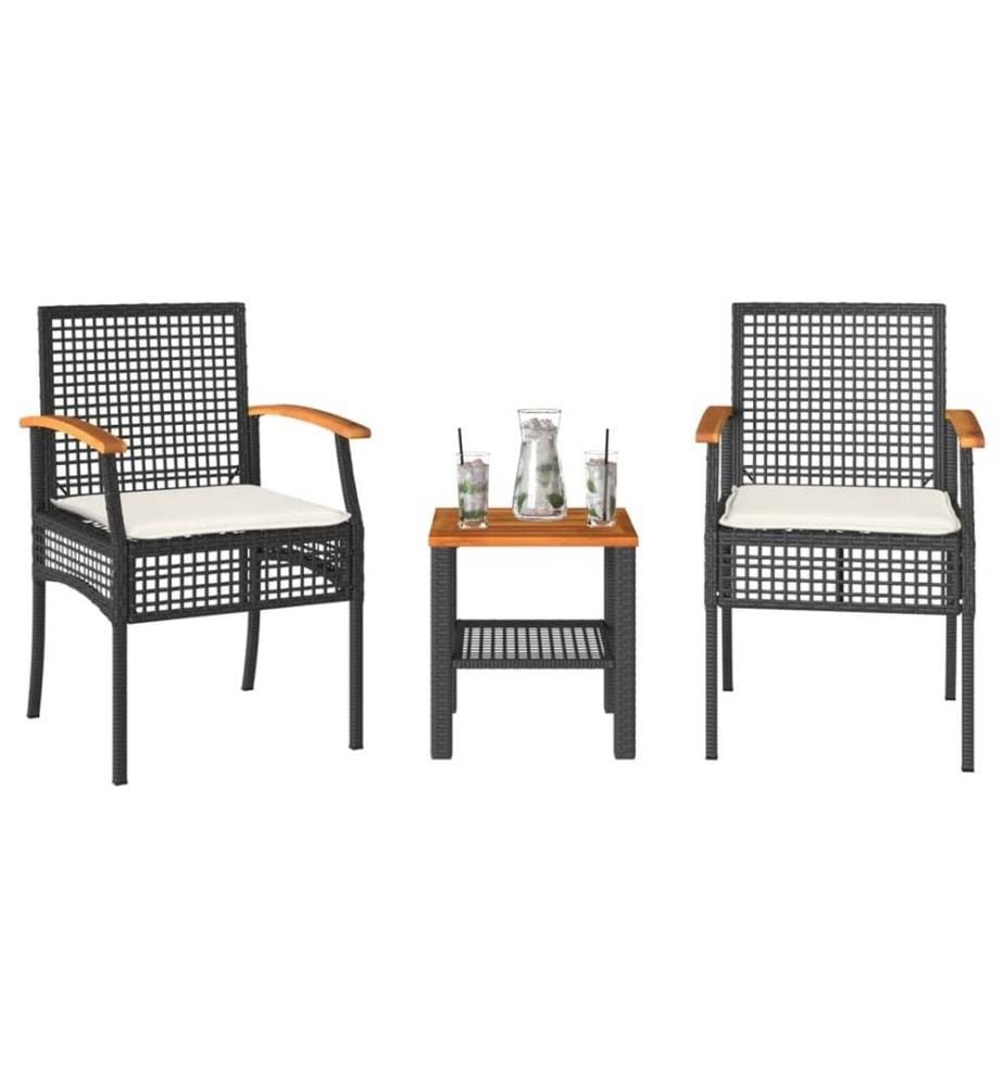 3-tlg. Bistro-Set mit Kissen Schwarz Poly Rattan Akazienholz