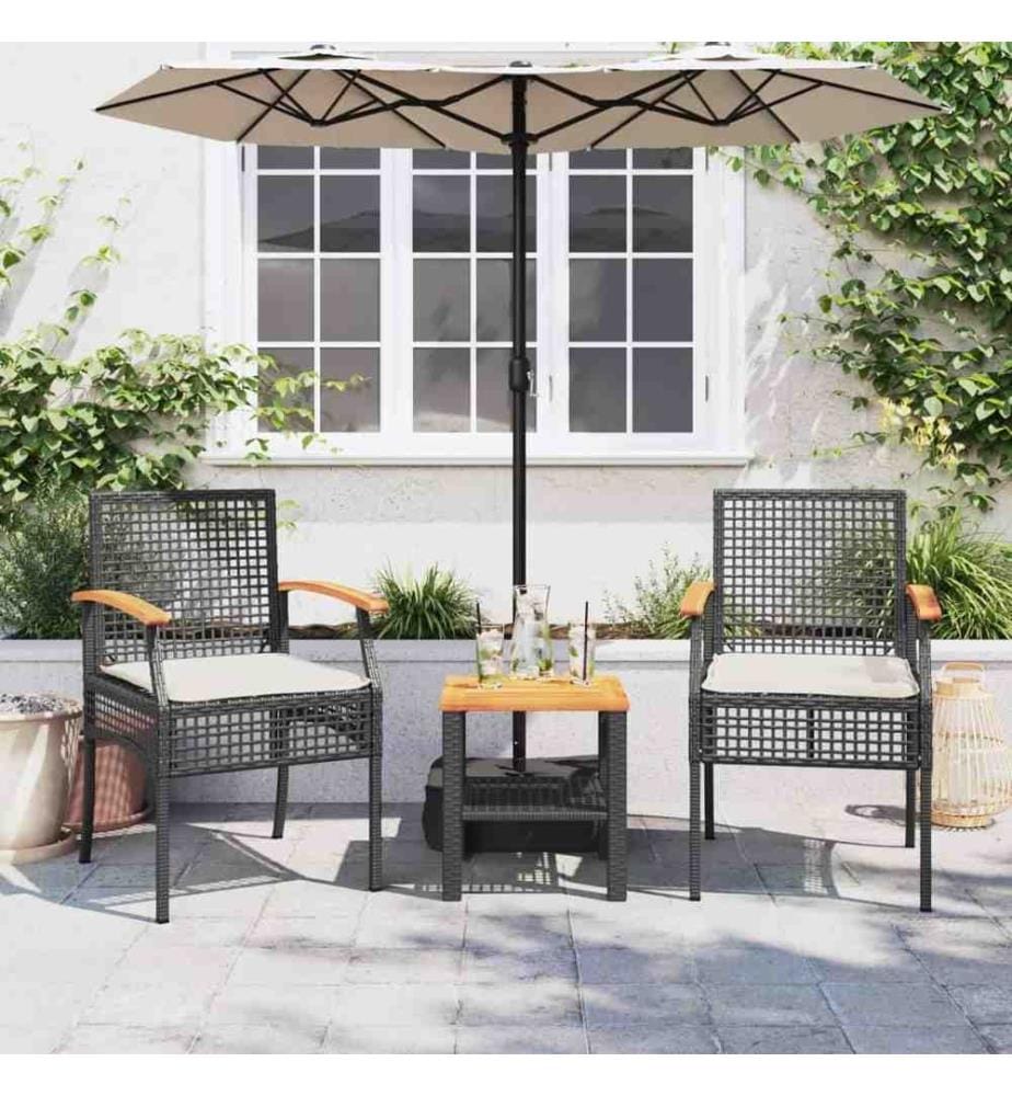 3-tlg. Bistro-Set mit Kissen Schwarz Poly Rattan Akazienholz