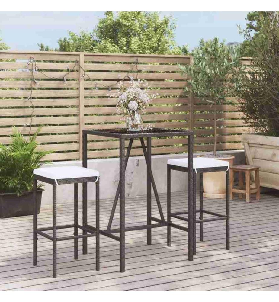 3-tlg. Gartenbar-Set mit Kissen Schwarz Poly Rattan